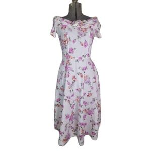 Vintage 70s‎ White Pink Floral Midi Maxi Dress Off The Shoulder Rose Small